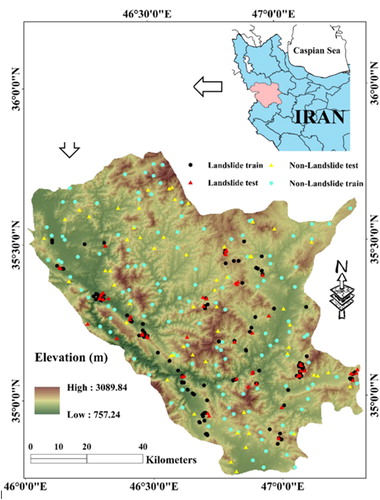 Figure 1. Location of the study area and spatial distribution of the landslides.