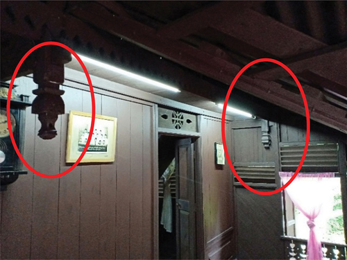 Figure 21. Red circles demonstrate the position of the buah buton at the porch space, indicating the position is passed down from generation to generation.