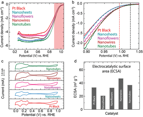 Figure 4. Electrocatalytic activity of the nanostructured Pt catalysts. (a) LSV recorded at a scan rate of 10 mV s −1 and 1600 RPM under O2-saturated 0.1 M H2SO4; (b) enlarged LSV showing the Eonset. (c) Comparison of CV of the catalysts at 10 mV s −1 scan rate. (d) Relative ECSA of the catalysts.