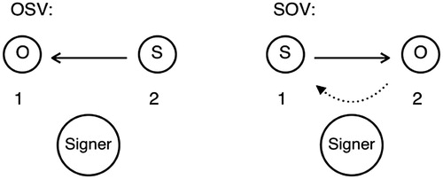 Figure 2. Schematic illustration of the extra hand movement required in SOV orders (right picture, dotted line) compared to OSV structures (left picture). In both conditions the signer referenced the first argument on her left side and the second argument on the right (indicated by the numbers). In both conditions the argument structure shown by the verb is expressed by a movement from the subject (S) to the object (O) position (indicated by the continuous arrows). In OSV orders (left) this movement was produced from the argument referenced second (S) towards the argument referenced first (O). In SOV orders (right), however, to produce a movement from the subject to the object position, the signer first had to move back from the position of the second argument (O) towards the first argument (S) (indicated by the dotted arrow).