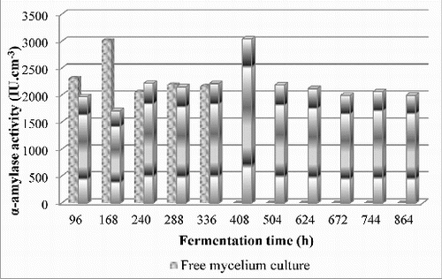 Figure 2. Biosynthesis of α-amylase by free and immobilized mycelium cultures in sol–gel matrices composed of tetraethylorthosilicate, 5% (w/v) starch and 10% (w/v) calcium alginate in optimized fermentation medium.