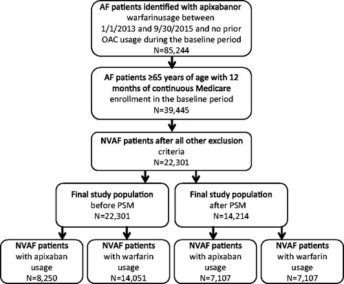Figure 3. Selection of patients for study cohorts treated with apixaban and warfarin. AF: atrial fibrillation; NVAF: nonvalvular atrial fibrillation; PSM: propensity score matching.