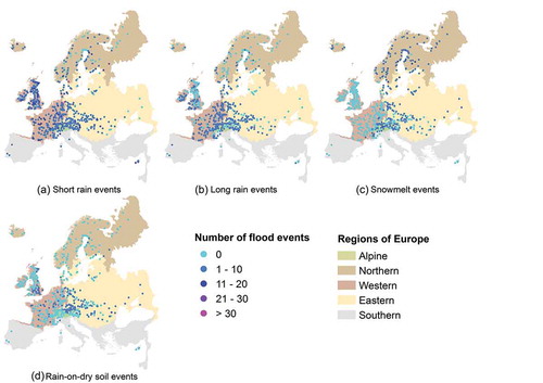 Figure 7. Total numbers of different types of flood events at each station in the period 1961–2010.