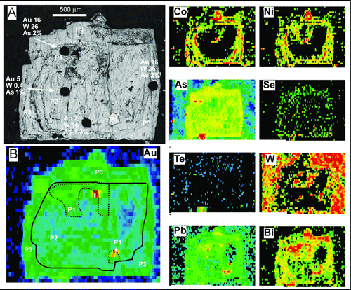 Figure 9  Texture and composition of a pyrite porphyroblast with growth zones (P1, P2, P3), with LA-ICP-MS spot analyses (Au, W = ppm; As = wt%). A, Scanning electron image B, Gold map at the same scale as in A, overlain with interpreted growth generation boundaries (dotted black lines, P1; solid black lines, P2). A suite of smaller scale LA-ICP-MS maps of the same porphyroblast (elements indicated) is depicted on the right. Colour scales for all LA-ICP-MS maps are relative and logarithmic, with lowest concentrations in shades of black and blue, and highest concentrations in shades of red and orange.
