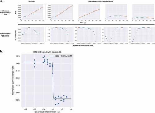 Figure 5. Slicing of Luminescence Data to Obtain Rate. (A) Luminescence rates for each individual drug concentration were calculated by fitting the raw luminescence data to a linear regression model. For each concentration, the number of timepoints used in the regression (slice) was determined by calculating the R2 for every possible slicing vector containing more than four points, originating from the end of the assay. The slice producing the maximum R2 value is denoted in orange as a triangle. (B) To generate dose–response curves, each of the calculated luminescence rates was normalized to the luminescence rate in the absence of drug and plotted as a normalized rate in respect to the log of the drug concentration. These data were then fitted to a four parameter log logistic function.