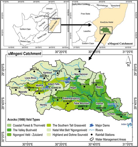 Figure 2. Location of the uMngeni catchment in KwaZulu-Natal Province, South Africa, showing the 13 water management areas (WMAs) and the Acocks Veld Types (Acocks Citation1988).