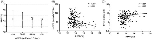 Figure 2. (A) Distributions of RDW by eGFR among 175 patients with DN. (B) Correlation of RDW with eGFR. (C) Correlation of RDW with urine protein. *p < 0.05 versus eGFR <30 (ml/min/1.73m2); #p < 0.05 versus eGFR between 30 and 60 ml/min/1.73 m2.