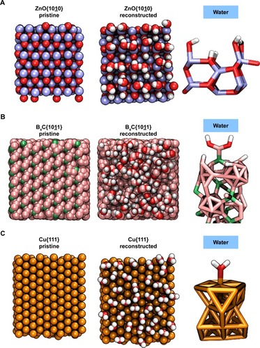 Figure 5 Reconstruction of pristine nanomaterial surfaces in the presence of water using reactive molecular dynamics simulations. The images on the left show a top-down view of the surface after equilibration in vacuum, while the images on the right show the same surfaces after 1 ns of reactive molecular dynamics in contact with water. The images on the right are side views of a select portion of the surface, revealing the bonding topology of the chemical modifications. The location of the aqueous phase above the surface is indicated. (A) The ZnO{1010} surface becomes almost completely populated by zinc hydroxides. (B) The B4C{1011} surface forms boronic acid groups as well as borane moieties. (C) The Cu{111} surface accumulates some chemisorbed water molecules, but many under-coordinated Cu atoms remain exposed.