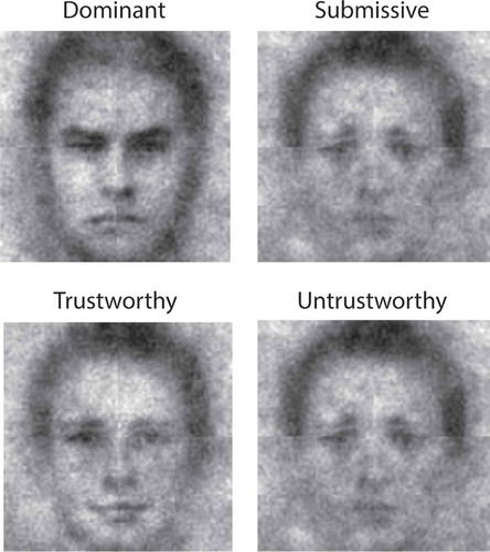 Figure 2. CIs for dominance, submissiveness, and (un)trustworthiness (adopted with permission from Dotsch & Todorov, Citation2012).