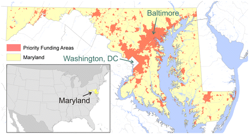 Figure 1. Priority Funding Areas in Maryland. Data source: Maryland Department of Planning; U.S. Census (Source: Authors).