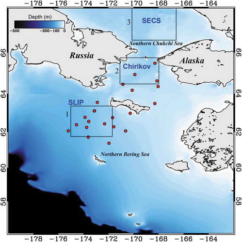 Figure 1. Map of the Northeastern Bering Sea and south Chukchi Sea with locations of in situ measurements during the Healy 2007 Cruise (May 14–18 June 2007). Filled circles are the observation stations for the cell-sized phytoplankton chlorophyll-a concentrations and optical measurements in May and June of 2007, and “x” symbols indicate stations NWC2 (st. 109) and ANSC (st. 51). Boxes indicate three subregions: (1) St. Lawrence Island Polynya (SLIP): 61.75°N – 63.37°N and 171.69°W – 175.01°W, (2) Chirikov Basin (Chirikov): 64.49°N – 65.76°N and 167.97°W – 171.08°W, and (3) Southeastern Chukchi Sea (SECS): 66.58°N – 68.59°N and 166.59°W – 173.12°W.