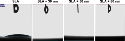 Figure 3 Water contact angles on the SLA, SLA + 30 nm, SLA + 50 nm, and SLA + 80 nm surfaces.Notes: The average contact angle of the SLA surface was ~11°. The other three groups showed superhydrophilicity at a water contact angle of 0°.Abbreviation: SLA, sandblasting with large grit and acid etching.