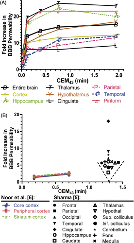 Fig 1. Changes in regional blood brain barrier permeability vs. CEM43 after hyperthermia treatment in rats. (A) Fold increase in BBB permeability immediately after whole body heating with a warming pad by Kiyatkin et al. Citation[4]. (B) Increase in BBB permeability immediately following heating in an incubator to CEM43 = 1.3 min by Sharma Citation[5] and 24 h following heating on a warming pad to CEM43 = 0.1–0.7 min by Noor et al. Citation[6]. In (B), some of the data was offset along the x-axis to show all the data points clearly. All data bound by the dashed lines refer to CEM43 = 1.3 min.