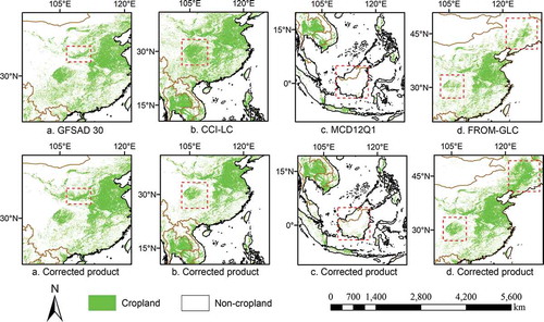 Figure 8. Enlarged window comparisons among four cropland products and corrected products, where (a) GFSAD 30 underestimated cropland on the Loess Plateau, particularly in Gansu and Henan provinces, China; (b) CCI-LC overestimated cropland in Southwest China, such as the Tibetan Plateau and Yunnan-Guizhou Plateau; (c) MCD12Q1 underestimated cropland in Southeast Asia; and (d) FROM-GLC had the lowest overall accuracy among all products. Artificial boundaries, caused by discontinuities where original image edges meet, can be observed in many areas such as China