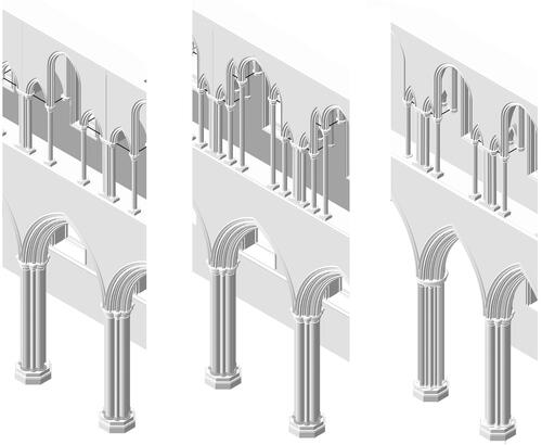 Fig. 23. 3D reconstruction of Jervaulx Abbey, showing the three possible clerestory designsS. Harrison
