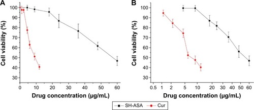 Figure 7 Anticancer abilities of free SH-ASA and Cur on ES-2 and SKOV3 human ovarian cancer cells in vitro.Notes: (A) ES-2 cells; (B) SKOV3 cells.Abbreviations: SH-ASA, SH-aspirin; Cur, curcumin.