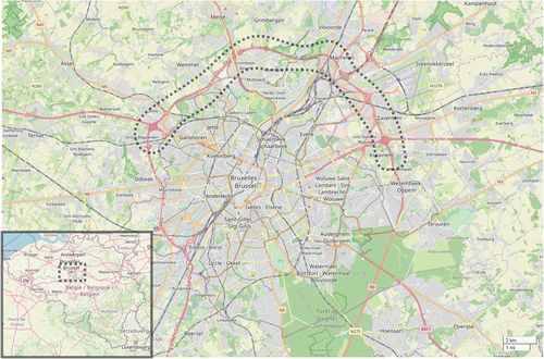 Figure 1. The northern segment of the R0 stretching from Groot-Bijgaarden to Sint-Stevens-Woluwe (map data from OpenStreetMap).