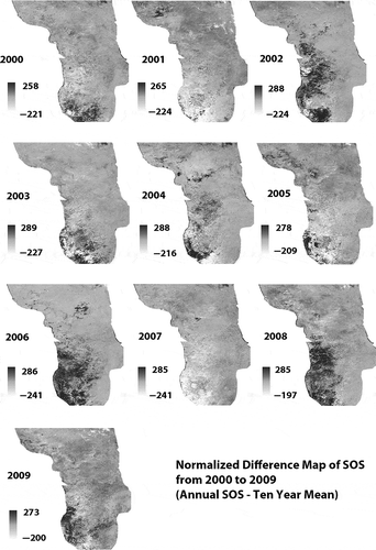 Figure 9. Normalized difference map of SOS from 2000 to 2009.