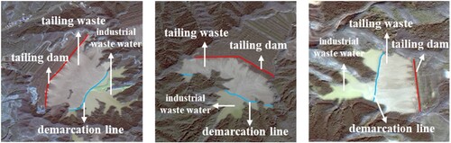 Figure 6. Examples of tailing ponds, containing tailing dam, tailing waste, industrial waste and demarcation line.