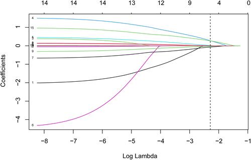 Figure 2 LASSO regression (dashed line λ=1 SE).