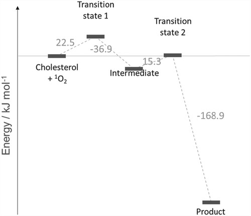 Figure 2. Reaction energy profile for the reaction of cholesterol and 1O2 to produce 5-hydroperoxycholesterol (see Figure 1). Molecular structures of transition states and intermediates are given in Scheme 1 and Figure 5. All values are relative to the previous step.