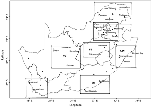 Figure 1. Map of South Africa showing the position of areas that were analysed for surface CO2 annual variation.