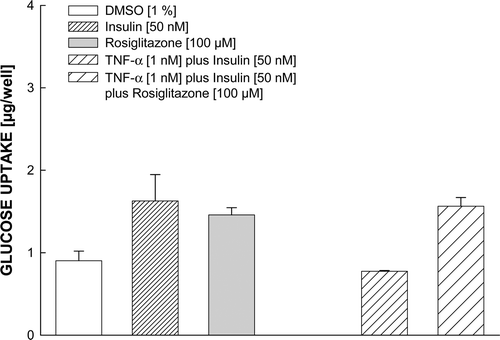 Figure 2.  Effect of insulin, rosiglitazone and TNF-α on glucose uptake by HEP G2 cells. Rosiglitazone and TNF-α were added for four days, insulin for the final 30 minutes and the labeled glucose 2-NBDG for 5 min. Mean ± SEM three experiments.