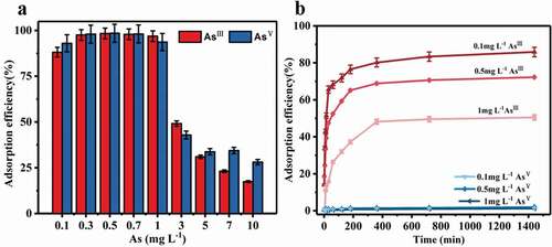 Figure 6. (a) The adsorption efficiencies of arsenic at various initial concentrations. (b) Selective kinetic adsorption of AsIII at different initial concentrations by Ce-CNM (pH = 12)