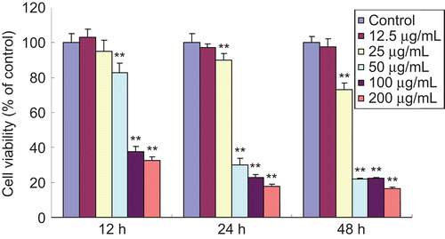 Figure 2.  Inhibitory effects of EO on cell viability in HSFs at different times. Cell viability was determined by MTT assay and the experiment was repeated three times. When HSFs were treated with EO for 12, 24 and 48 h, the cell viability significantly decreased in a time- and dose-dependent manner. **P <0.01 compared with the control group. Data are expressed as the mean ± SD, n = 10.