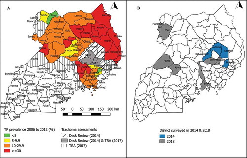 Figure 1. Uganda districts surveyed for trachoma from 2006–2012, considered as part of the desk reviews and trachoma rapid assessments described herein (A), and/or surveyed in 2014 or 2018 (B).TF, trachomatous inflammation—follicular; TRA, trachoma rapid assessment