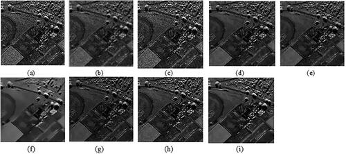 Figure 4. (a) Speckled SAR image; (b) outcome of Wang et al. (Citation2022); (c) outcome of Perera et al. (Citation2022a); (d) outcome of Liu et al. (Citation2022); (e) outcome of Perera et al. (Citation2023); (f) outcome of Wu et al. (Citation2022); (g) outcome of Nabil et al. (Citation2023); (h) outcome of Baraha and Sahoo (Citation2022); (i) outcome of proposed method.