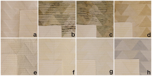 Figure 5 The differing expressions of the triangle pattern. The raw fabric (a); after 2 months underwater (b), 2 months underground (c), 2 days in water with oxidized iron powder (d), 4 weeks in use as a bag (e), and having been washed with yellow (f), blue (g), and black laundry (h), respectively.