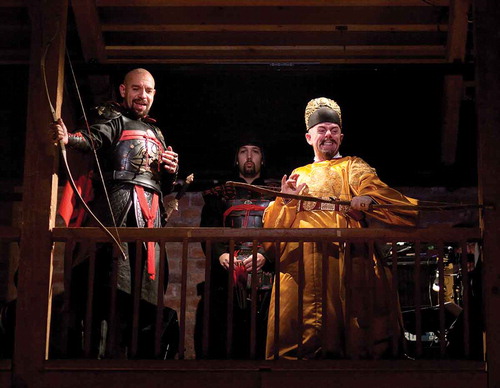 Figure 1 Joe Dixon as Tu’an Gu, Youssef Kerkour as Captain of the Guard and Stephen Ventura as The Emperor in The Orphan of Zhao. Kwame Lestrade © Royal Shakespeare Company.