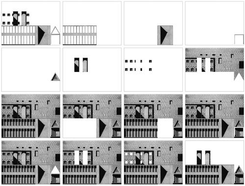 Figure 1 Cameron McEwan, Disarticulation of typological elements No. 1, 2019. Montage. Base drawing: Aldo Rossi, Composition No. 2, 1968. Reproduced from: Aldo Rossi, Aldo Rossi: Drawings (Milan: Skira, 2008).