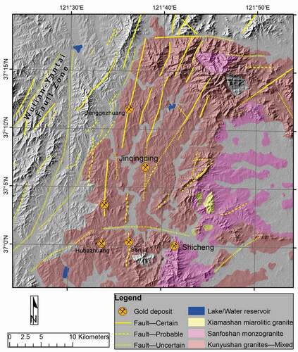 Figure 2. Simplified, revised geologic map of the Mu-Ru metallogenic belt. The background is a shaded relief image. Fault mapping is based on the shaded relief image and the geologic map of the Haiyang-Chaoli area (L.-Z. Wang et al., Citation1994). Boundaries of rock units are adapted from the aforementioned map (L.-Z. Wang et al., Citation1994). Colours of rock units in the legend are slightly different from those on the map due to the background colour effect