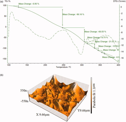 Figure 5. TGA and DTG curves (a) and AFM images of the synthesized for dapsone micro and nanoemulsion drug loaded in polyacrylamide/polylactic core/shell nanofibers (b).