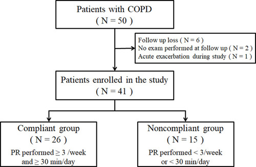 Figure 2 Study flow chart of the enrollment of patients with COPD for the unsupervised home-based pulmonary rehabilitation study. A total of 50 patients were screened for the study; of them, 9 patients were excluded. Among the enrolled 41 patients, 26 patients were grouped as compliant and 15 as noncompliant, based on adherence and nonadherence to 30-min exercise per day for at least 3 days per week, respectively.