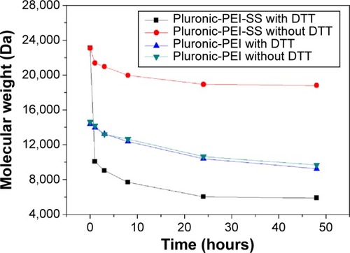 Figure 3 Degradation behaviors of Pluronic-PEI-SS in the presence (or absence) of DTT (310 mM), using Pluronic-PEI as control.Abbreviations: PEI, polyethyleneimine; DTT, 1,4-dithiothreitol; PEI-SS, disulfide-linked PEI.