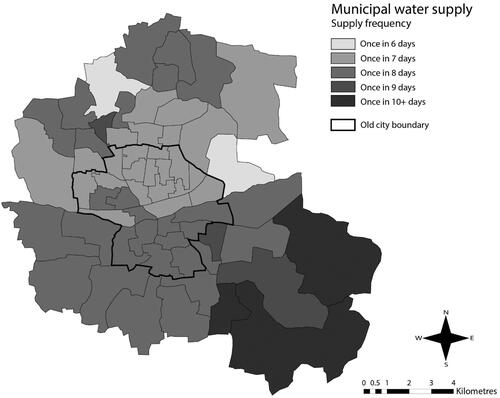Figure 2. Map showing piped water supply frequency at the ward-level in Tiruppur in April 2022 (cartography by Talia Fan; water supply data obtained from tap inspectors in summer 2022).