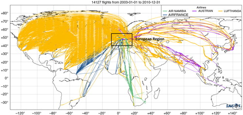 Fig. 1 Map of MOZAIC flights for the studied period (2003–2010). The black square corresponds to the European region (40°N–55°N, 10°W–15°E) used in our study.