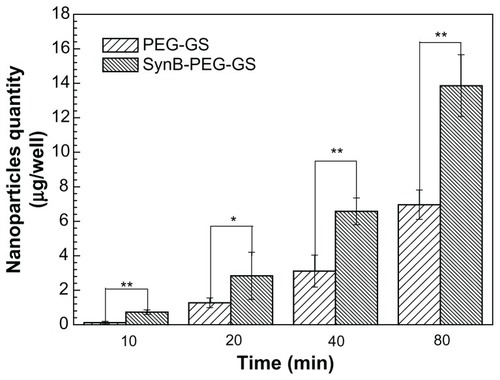 Figure 6 Amount of nanoparticles transported across the cocultured blood-brain barrier model detected by inductively coupled plasma mass spectrometry.Notes: **P < 0.01 and *P < 0.05 indicate a statistically significant difference; means ± standard deviations are shown (n = 5).Abbreviations: SynB-PEG-GS, SynB-PEG nanoparticles decorated with gelatin-siloxane; PEG-GS, PEG-gelatin-siloxane nanoparticles.