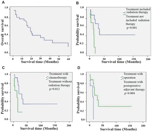 Figure 3 KaplanMeier survival analysis of the available data. (A) Overall survival. (B) Comparison of survival for patients who received radiation versus no radiation, p=0.001. (C) Comparison of survival for patients who received chemotherapy versus no chemotherapy, p=0.012. (D) Comparison of survival for patients who received operation only versus postoperative adjuvant therapy, p=0.004.