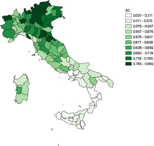 Figure 1. Spatial distribution of SC (average 2004–2012). Source: Our elaborations on Nifo and Vecchione (Citation2014) data.