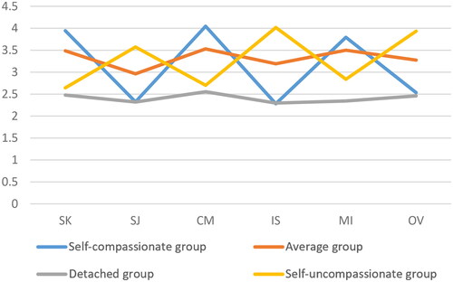 Figure 1. The mean scores of self-compassion dimensions across different profiles. SK: self-kindness; SJ: self-judgment; CM: common humanity; IS: isolation; MI: mindfulness; OV: overidentification.