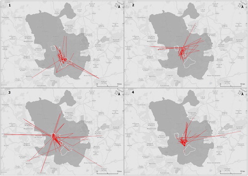 Figure 4. Space-time paths throughout the day (2D) in Puente de Vallecas (1), Nuevos Ministerios-AZCA (2), Ciudad Universitaria (3), and Retiro Park (4). Source: Own elaboration, based on Twitter data.