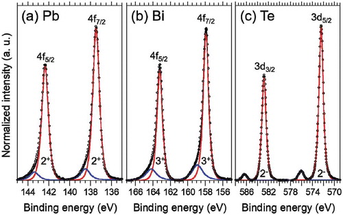 Figure 4. High-resolution XPS spectra of (a) Pb 4f, (b) Bi 4f, and (c) Te 3d core levels in PbBi2Te4 single crystal.