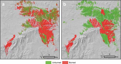 Figure 3. Classification 1 map using SVM (a) and, reference burned surface (b). A shaded relief surface is used as backdrop.