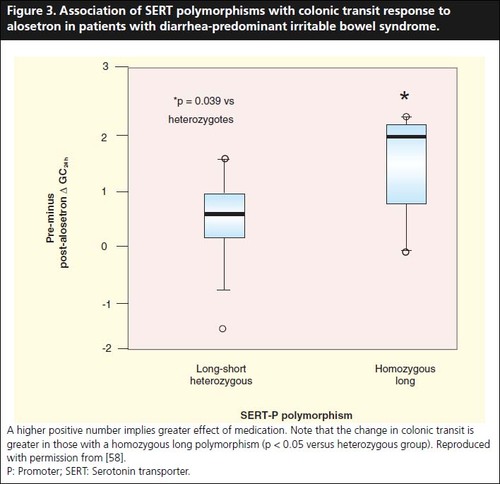 Figure 3. Association of SERT polymorphisms with colonic transit response to alosetron in patients with diarrhea-predominant irritable bowel syndrome.