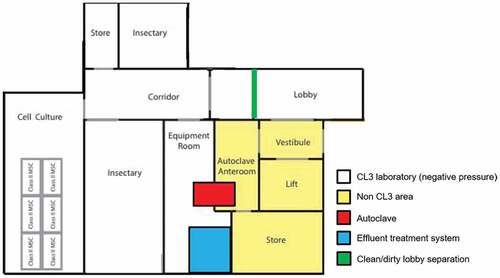 Figure 10. Layout of a CL3 insectary. Access to the CL3 area is via a lobby divided (by a door or simply by a mark on the floor) into a clean (entrance side) and a dirty (CL3 corridor side) area. After the lobby, a corridor can give access to insectary room(s) and a cell culture room which can be used to prepare and store pathogens. Mechanisms to avoid simultaneous opening of doors should be put in place. A double-ended autoclave allows autoclaving waste from the CL3 area and removal of autoclaved waste from outside the CL3 area. Store and equipment rooms are optional. Chemically inactivated liquid waste can be autoclaved or discarded using an effluent treatment system.