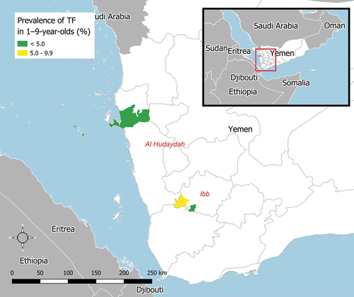 Figure 1. Prevalence of trachomatous inflammation—follicular (TF) in 1−9-year-olds in trachoma impact surveys of four evaluation units of Yemen, October 2019. The prevalence of trachomatous trichiasis (TT) unknown to the health system in ≥15-year-olds was <0.2% in all EUs surveyed. The boundaries and names shown and the designations used on this map do not imply the expression of any opinion whatsoever on the part of the authors, or the institutions with which they are affiliated, concerning the legal status of any country, territory, city or area or of its authorities, or concerning the delimitation of its frontiers or boundaries.